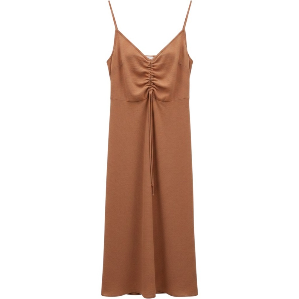 See You Monday Tan maxi slip dress with ruched detail and tie back. Size: L